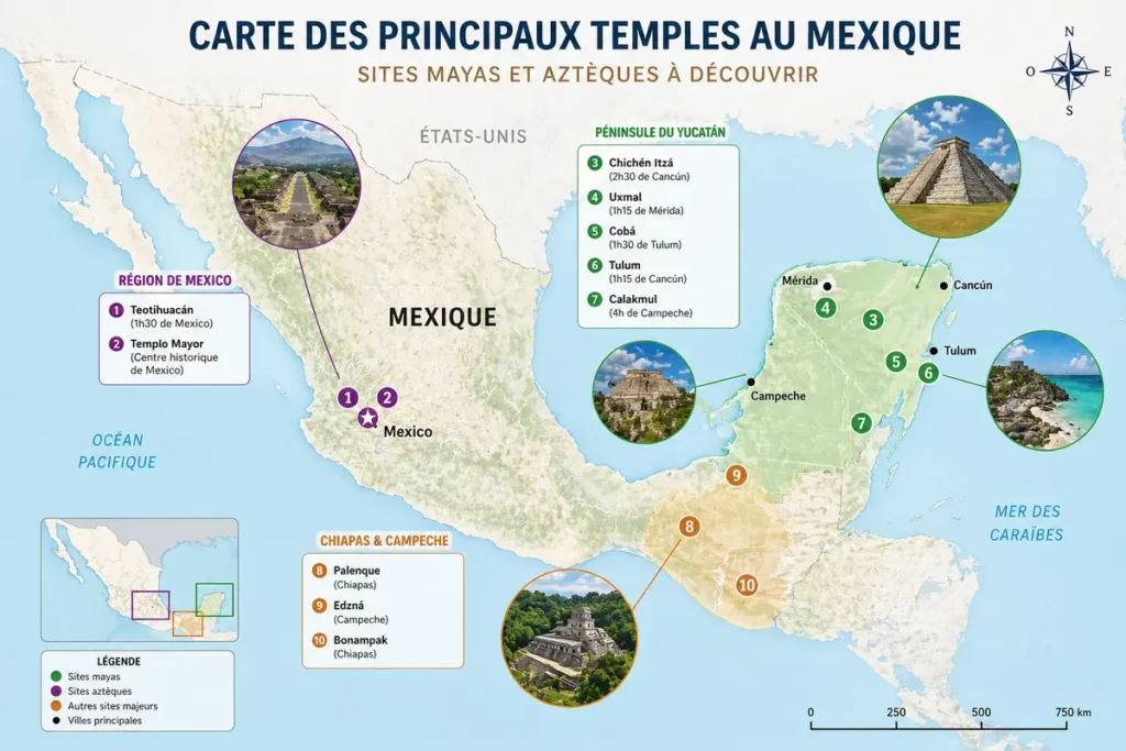 Carte temples Mexique Yucatán Mexico localisation sites mayas aztèques
