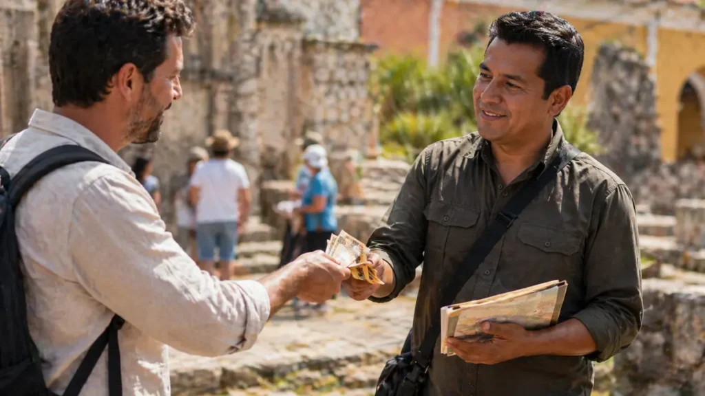 Voyageur donnant un pourboire en pesos à un guide touristique au Mexique