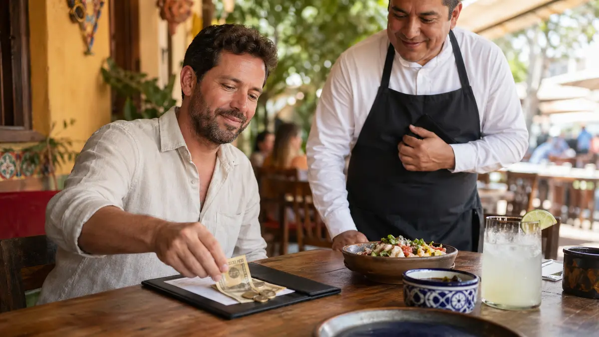 Voyageur laissant un pourboire en pesos sur l’addition dans un restaurant au Mexique